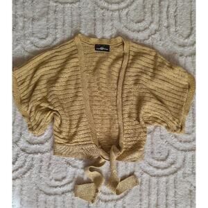 ✨ Vintage Metallic Gold Tie-Front Knit Shrug – Size L
